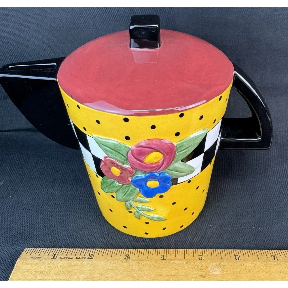 Vintage Mary Engelbreit Teapot Coin Piggy Bank 1995 Yellow Floral Polka Dots 6